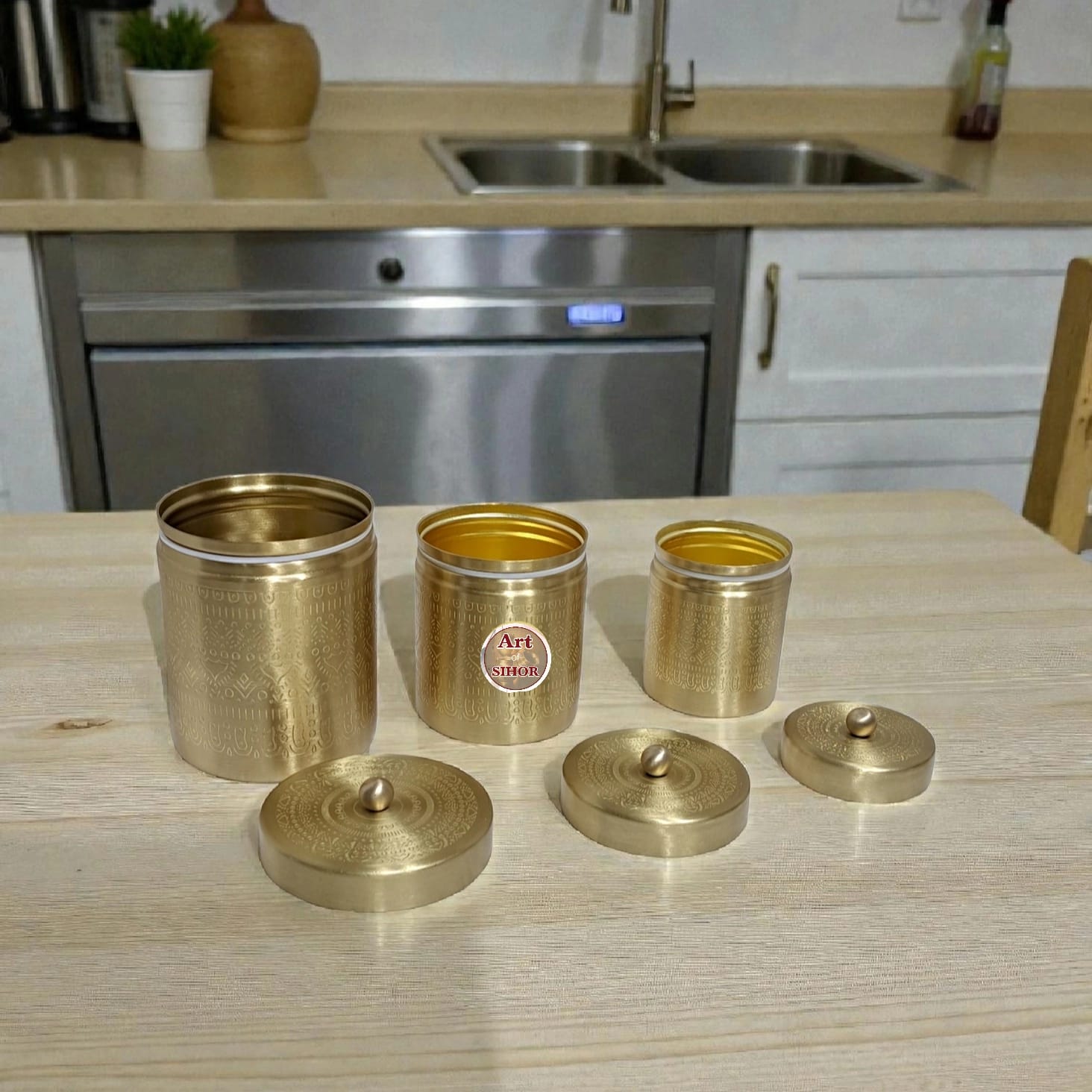 Pure Brass Engraved Storage Container Set (Set of 3)