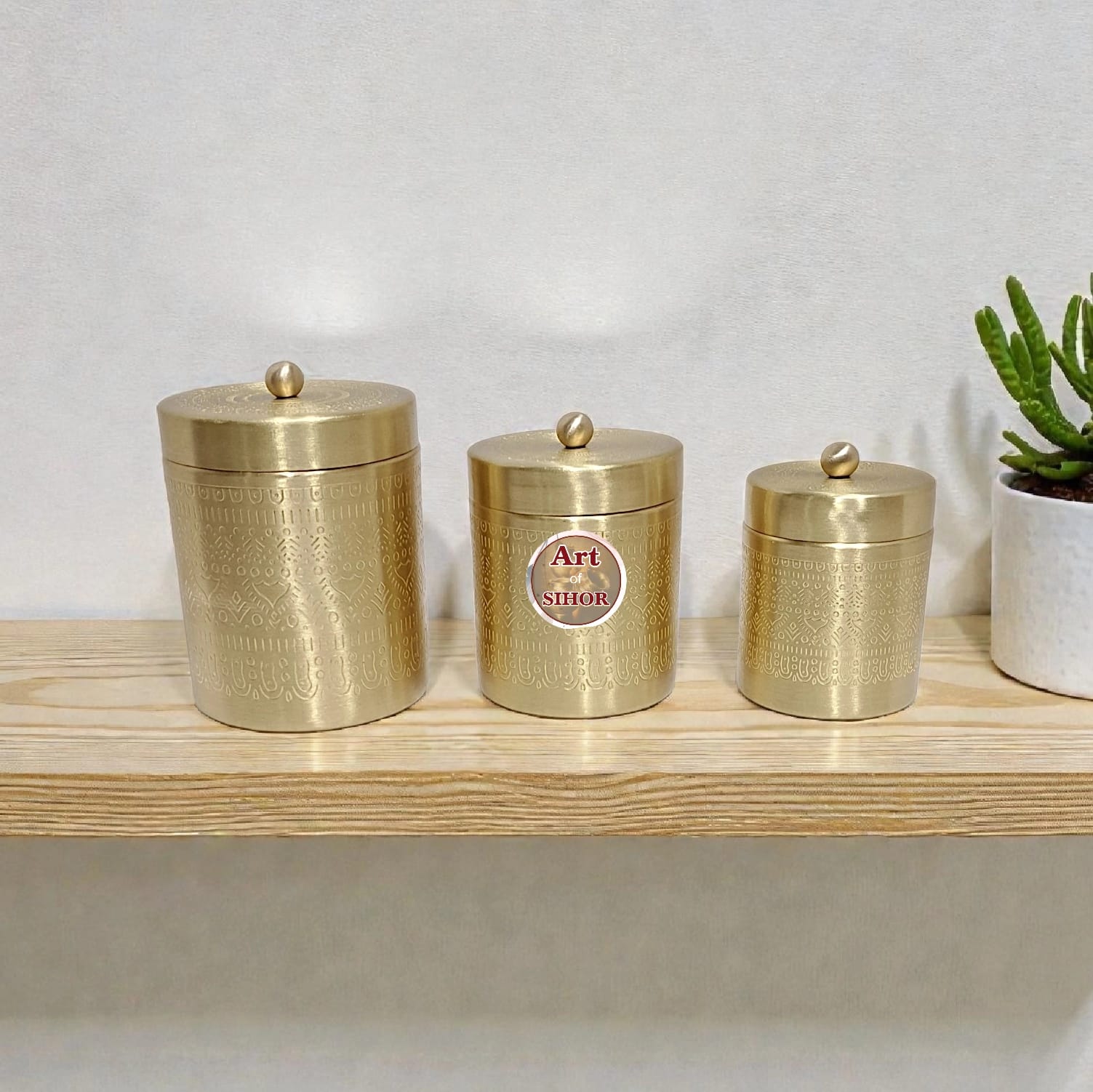 Pure Brass Engraved Storage Container Set (Set of 3)