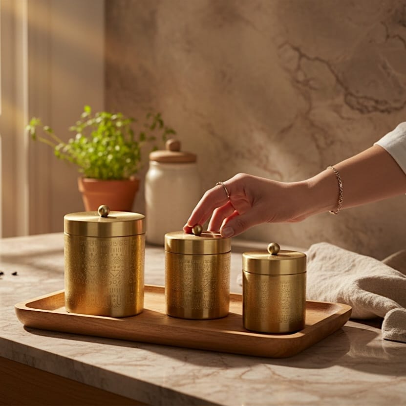 Pure Brass Engraved Storage Container Set (Set of 3)